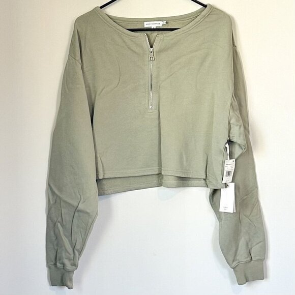NWT Good American Essentials Green Collarless Half Zip Sweatshirt - Size 2 (M) - Picture 2 of 8